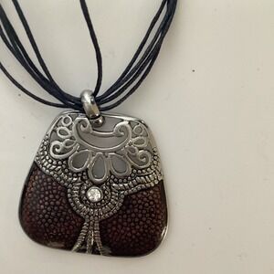 Christopher & Banks Statement Pendant Necklace Faux Leather Sparkle Accent